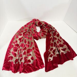 Vintage Red Burnout Velvet Scarf – Viscose & Silk Blend Animal Print Pattern